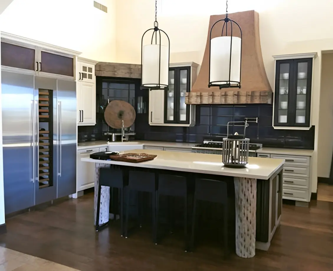 New Project(3) (1) Modern kitchen with island and pendant lights.